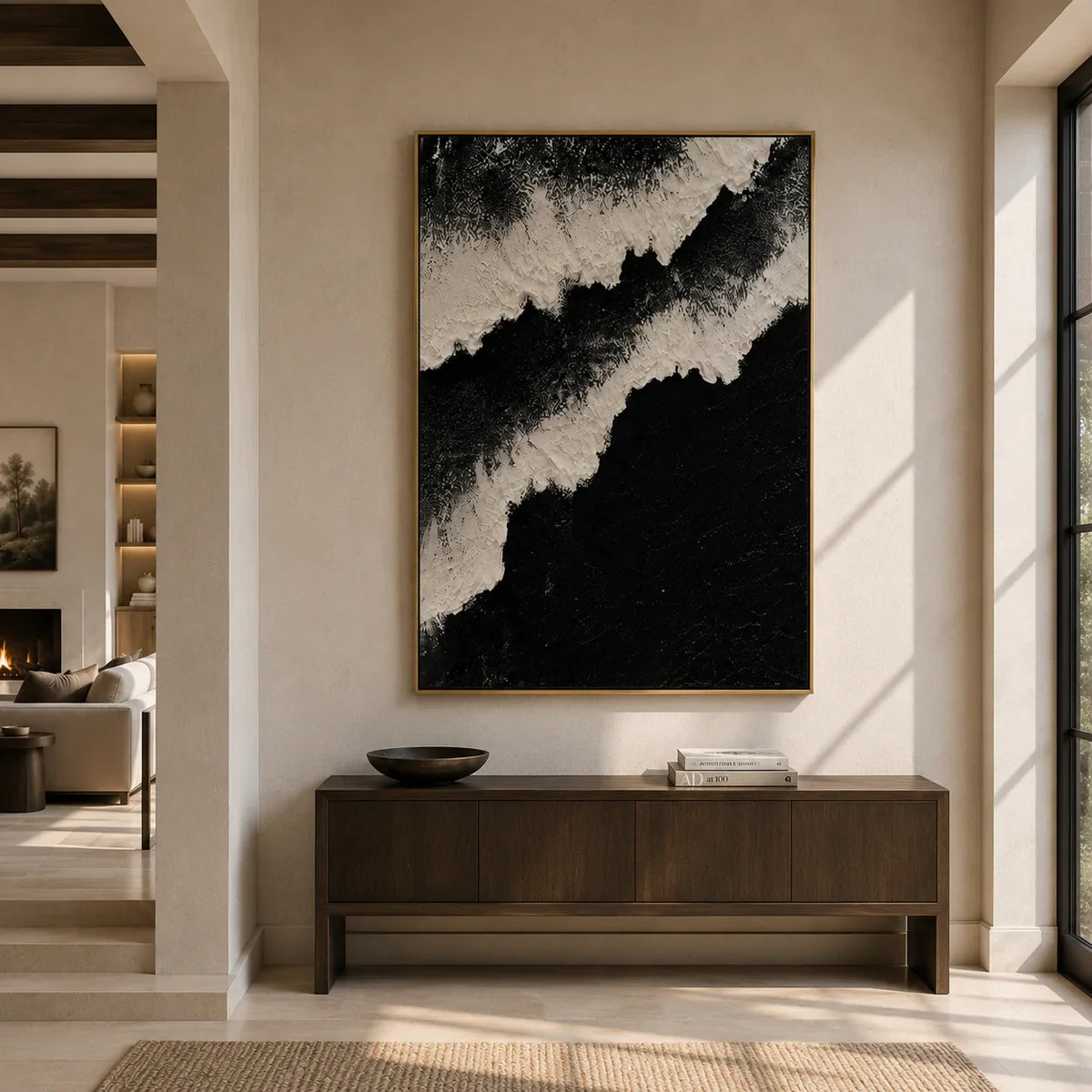 Monochrome Ridge Abstract Wall Art styled above an entryway console | Olyrel