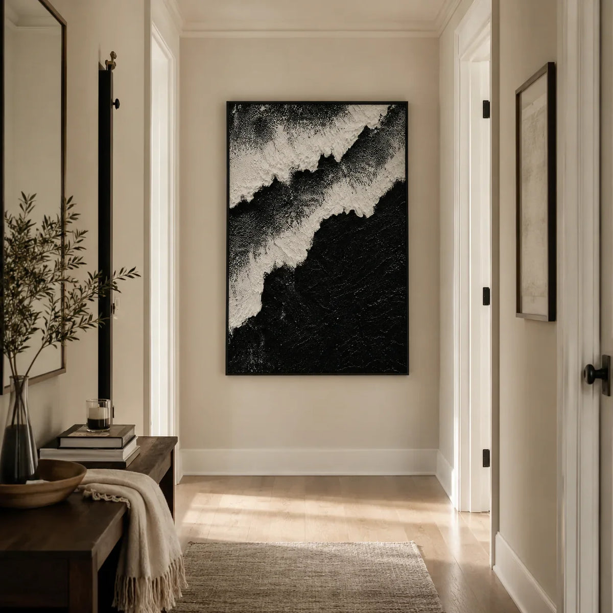 Monochrome Ridge Abstract Wall Art displayed in a warm hallway | Olyrel
