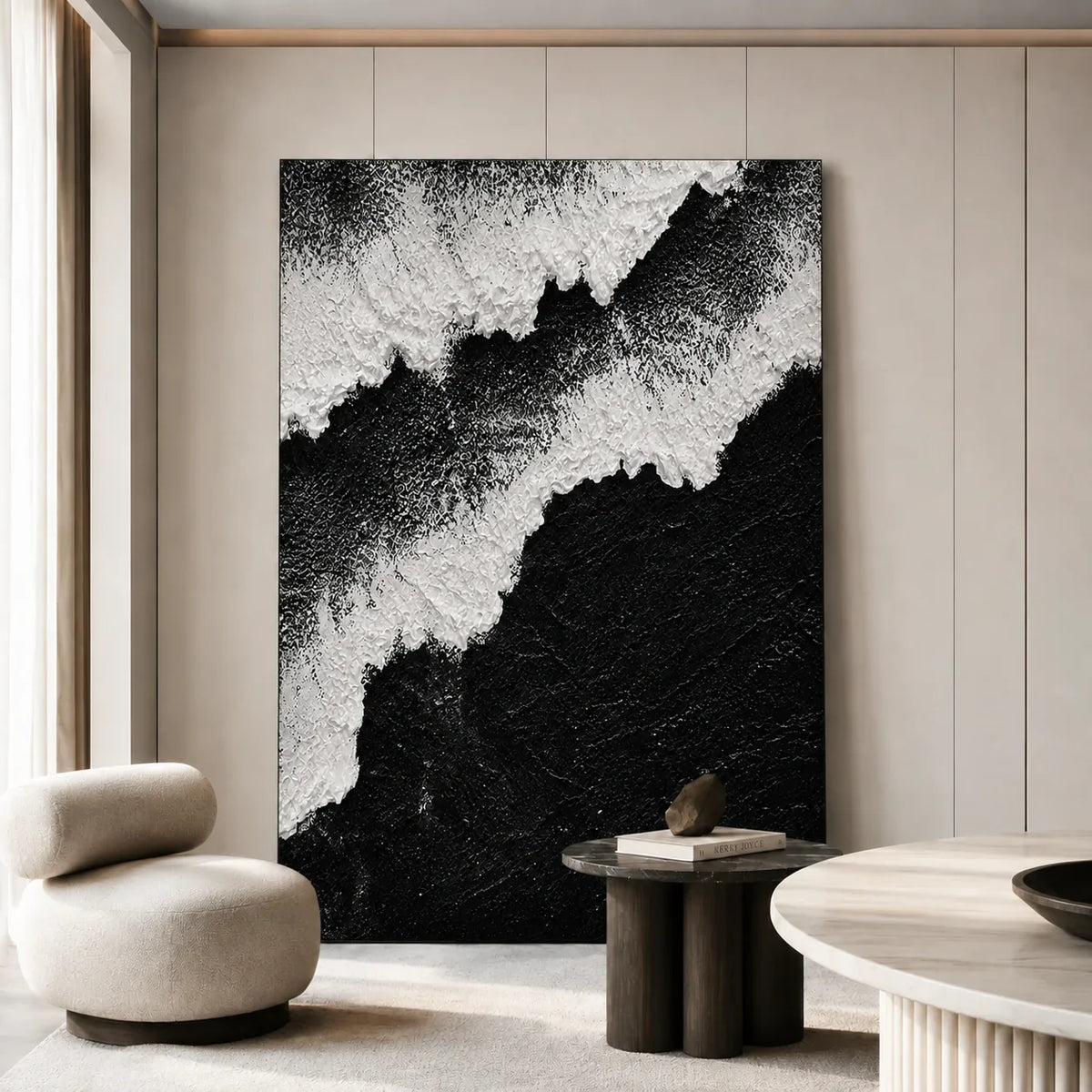Monochrome Ridge Abstract Wall Art displayed in a modern lounge | Olyrel