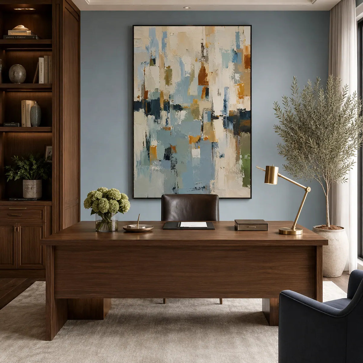 Blue Ochre Abstract Wall Art room scene 5 | Olyrel