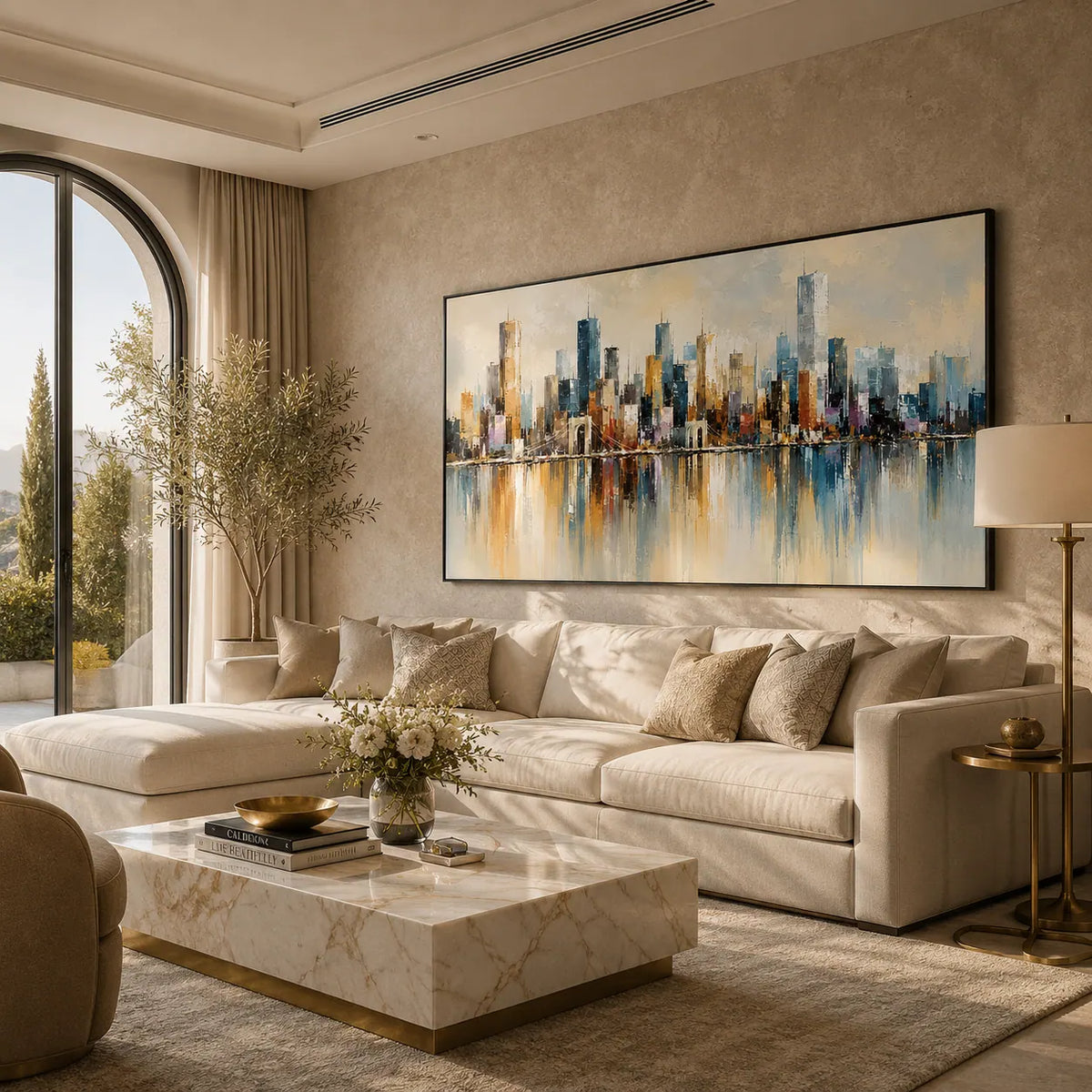 Watercolor Skyline Cityscape Wall Art room scene 2 | Olyrel
