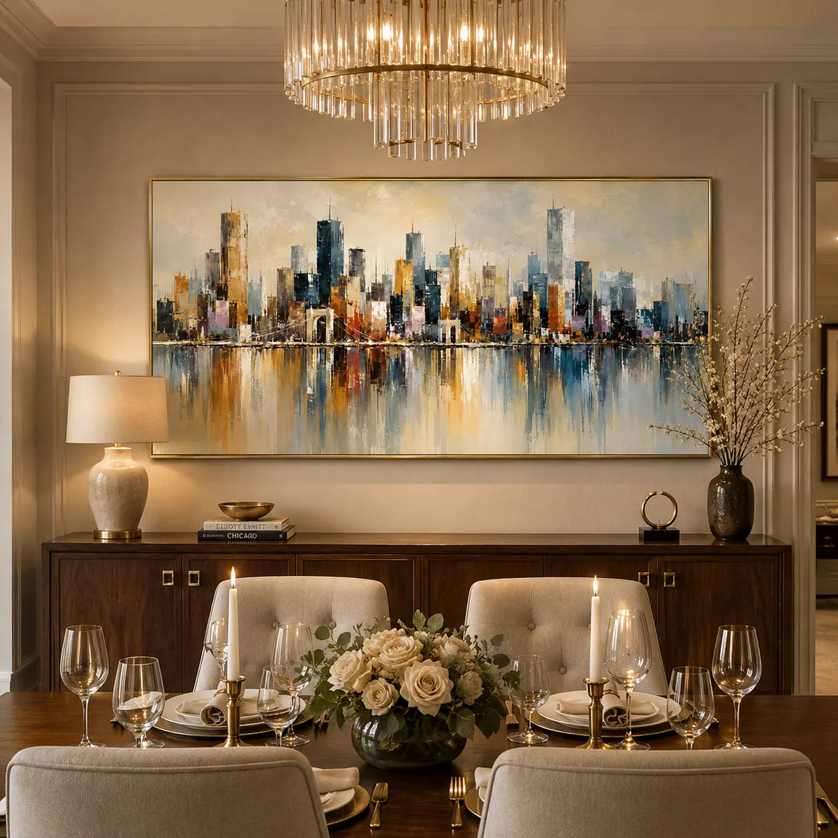 Watercolor Skyline Cityscape Wall Art room scene 3 | Olyrel