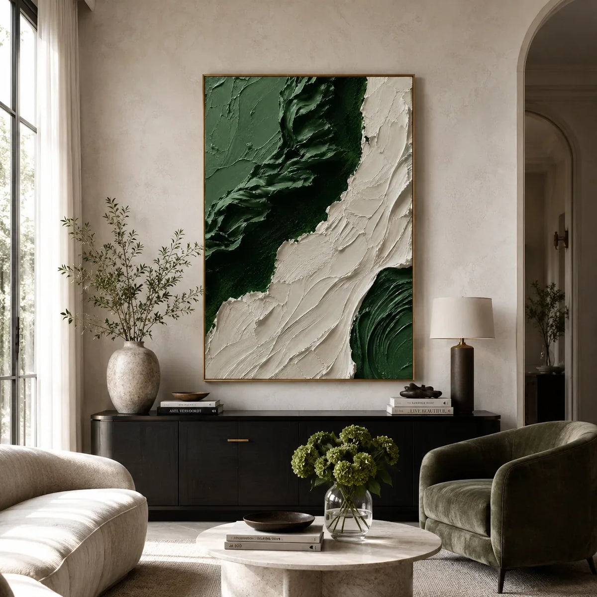 Emerald Flow Textured Wall Art styled in a modern living room | Olyrel
