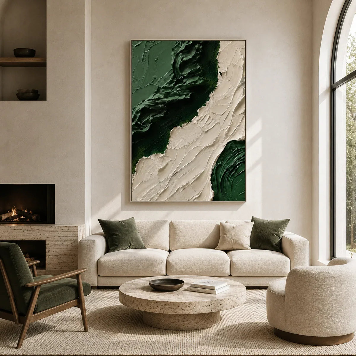 Emerald Flow Textured Wall Art shown in a calm bedroom setting | Olyrel