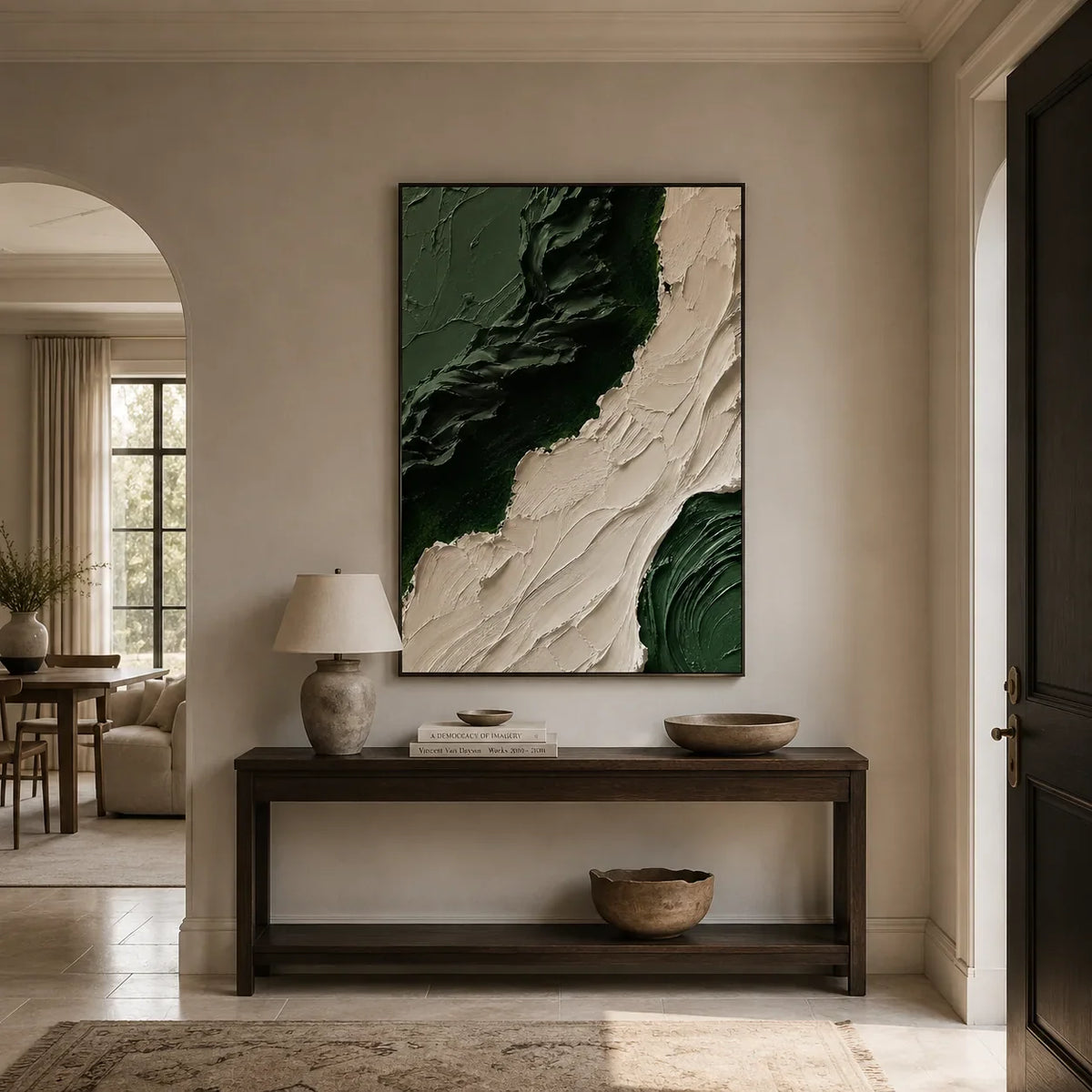 Emerald Flow Textured Wall Art displayed in a bright dining room | Olyrel