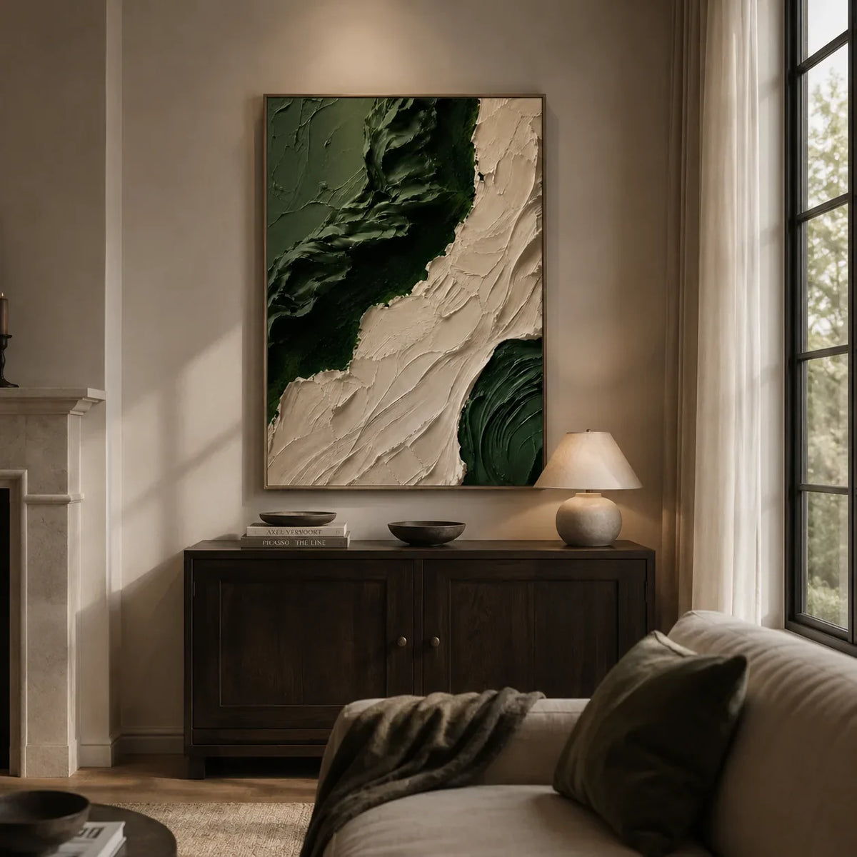 Emerald Flow Textured Wall Art displayed in a collected studio setting | Olyrel