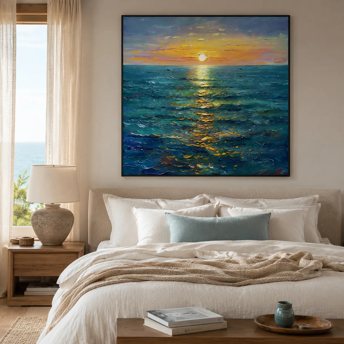 Sunlit Tide Seascape Wall Art styled above a calm bedroom | Olyrel