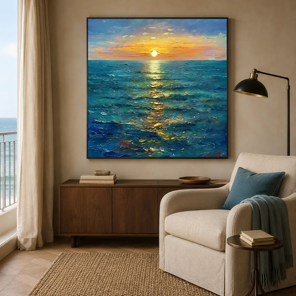 Sunlit Tide Seascape Wall Art displayed in a coastal reading corner | Olyrel