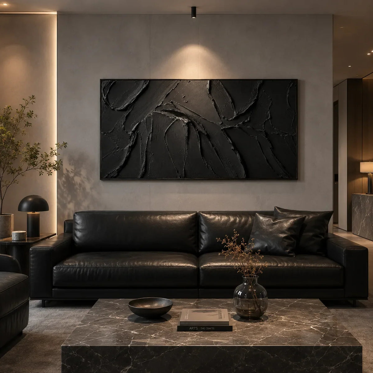 Black Layers Textured Wall Art styled in a modern living room | Olyrel