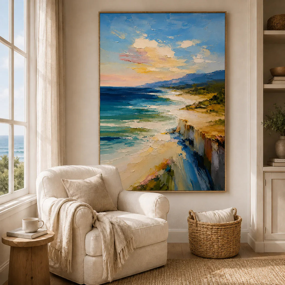 Coastal Cliff Landscape Wall Art styled in a reading corner | Olyrel
