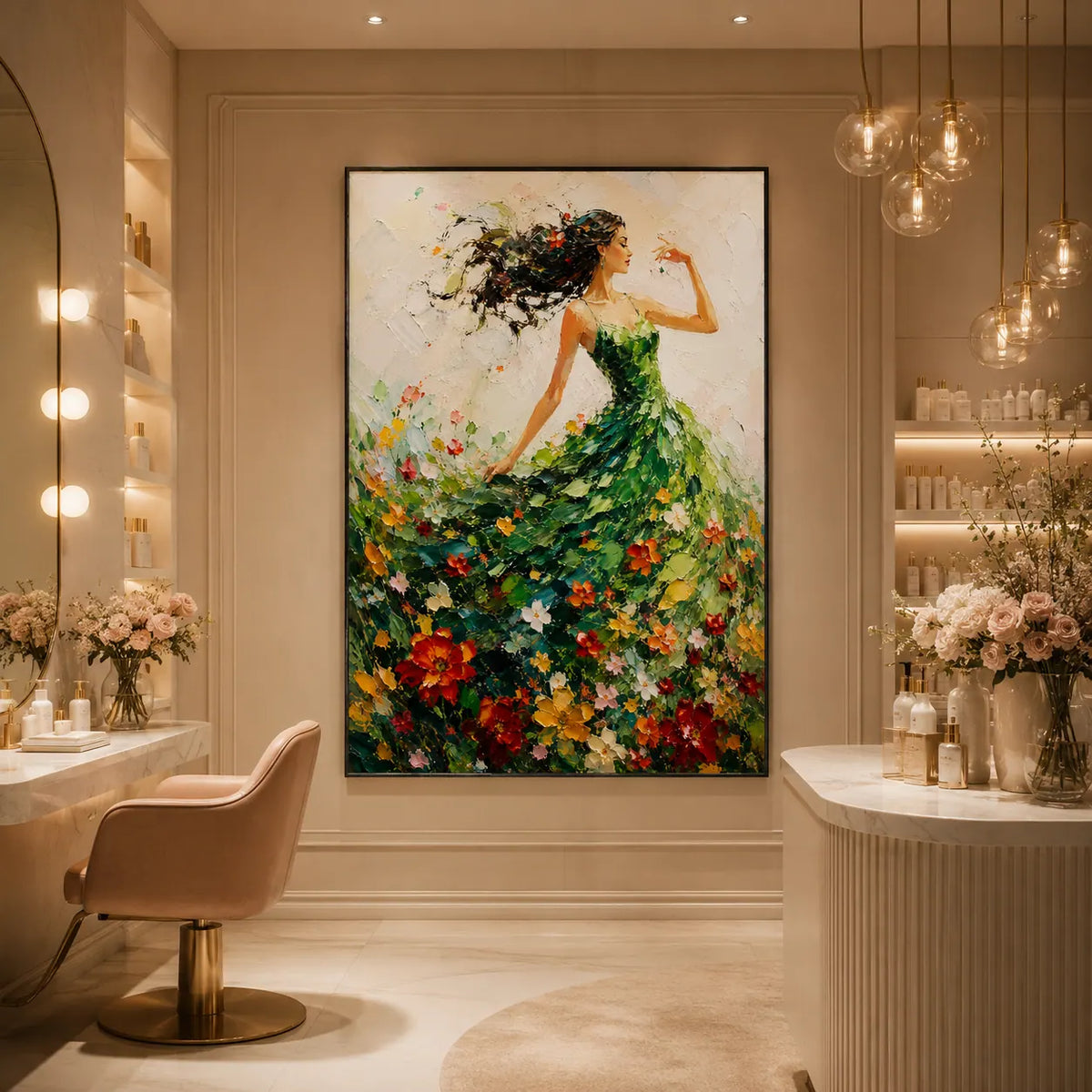 Green Dress Figure Wall Art room scene 4 | Olyrel