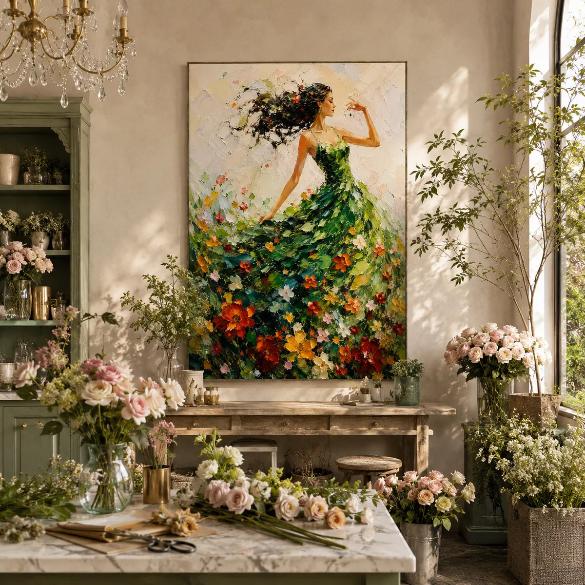 Green Dress Figure Wall Art room scene 5 | Olyrel