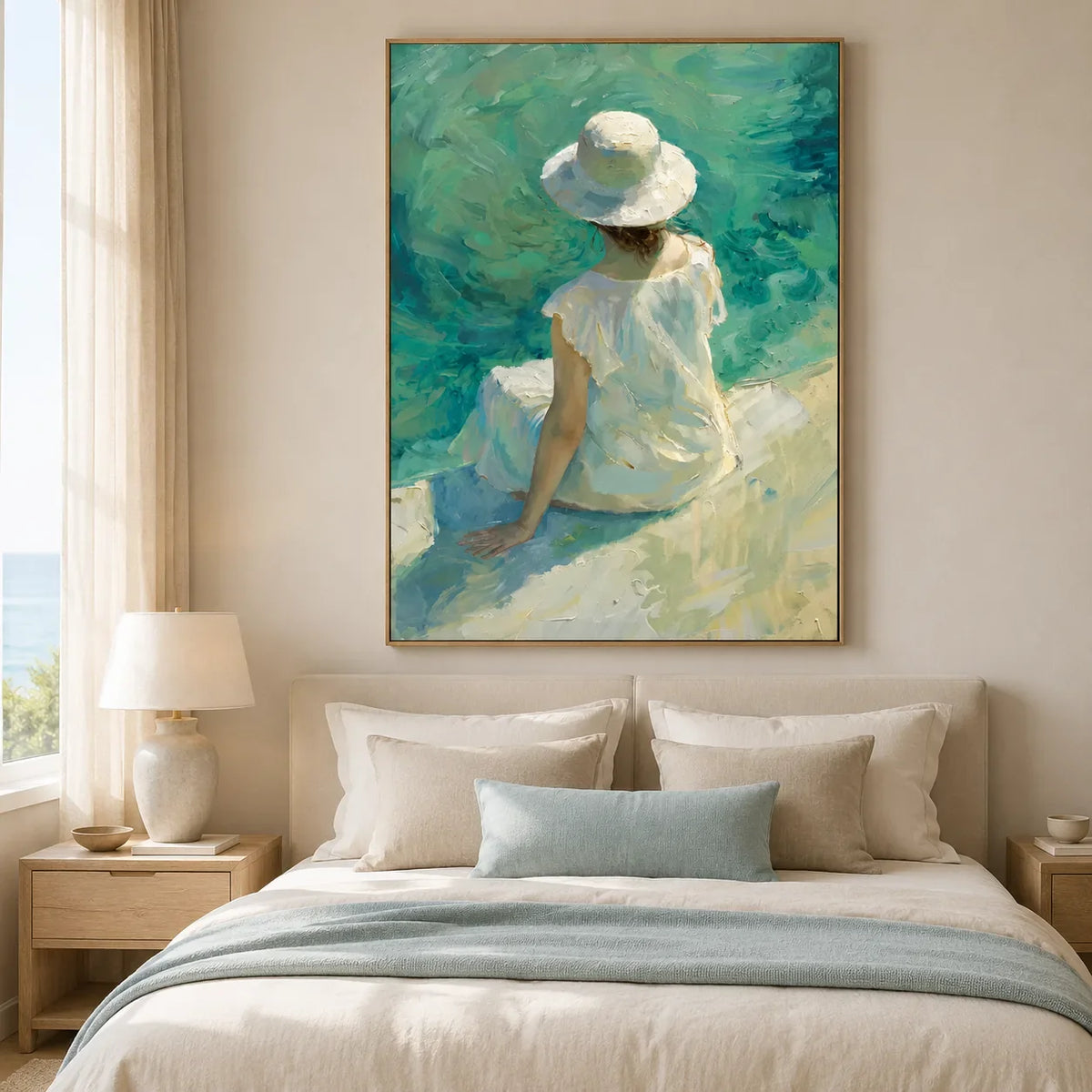 Sun Hat Shore Figure Wall Art styled above a serene coastal bedroom | Olyrel