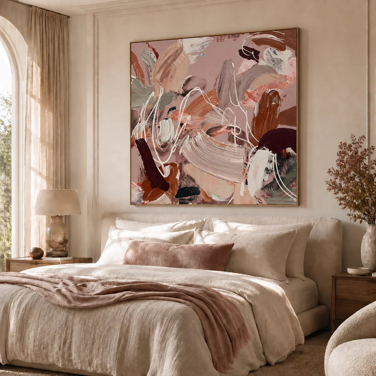 Blush Motion Abstract Wall Art displayed above an elegant bedroom | Olyrel