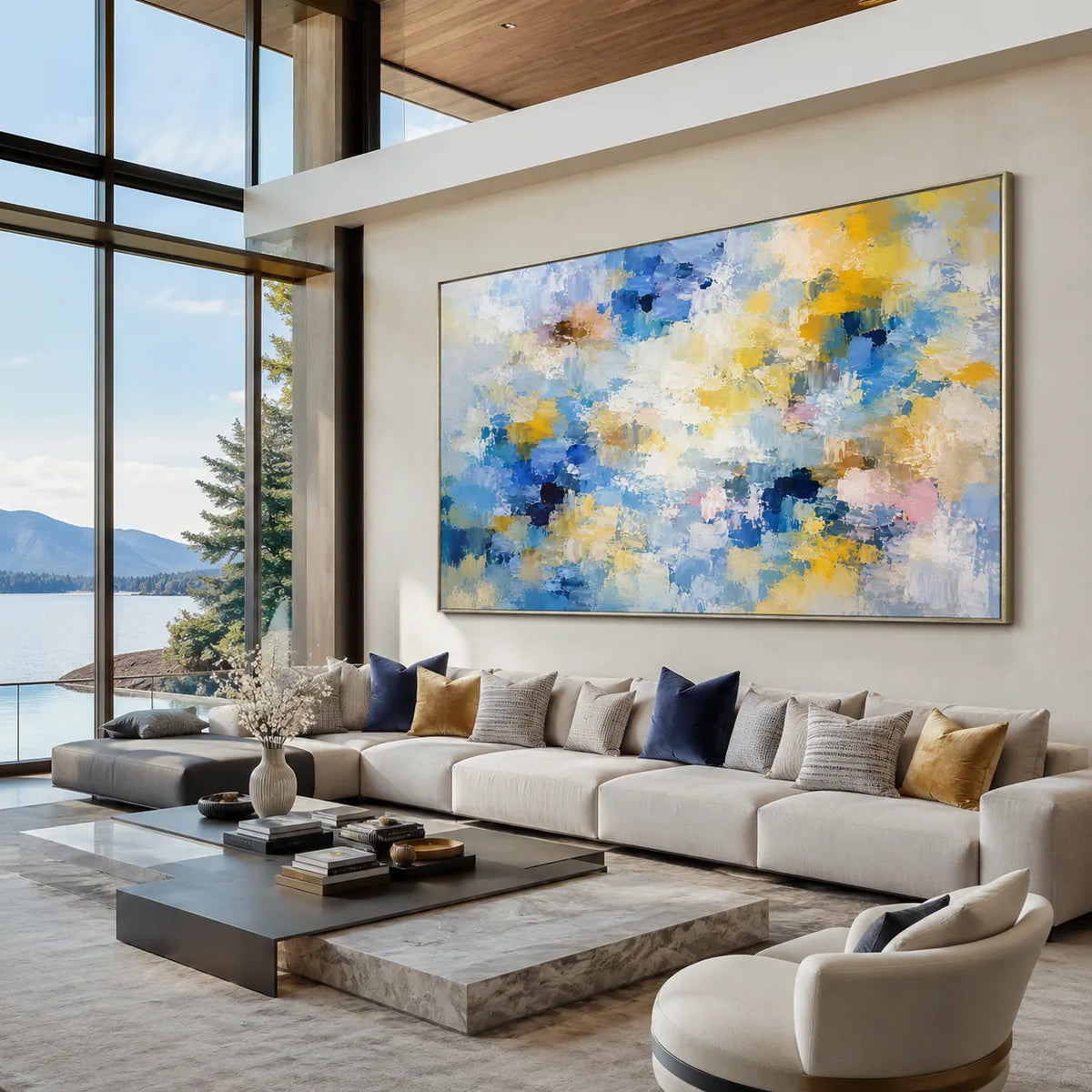Blue Gold Cloud Abstract Wall Art room scene 4 | Olyrel
