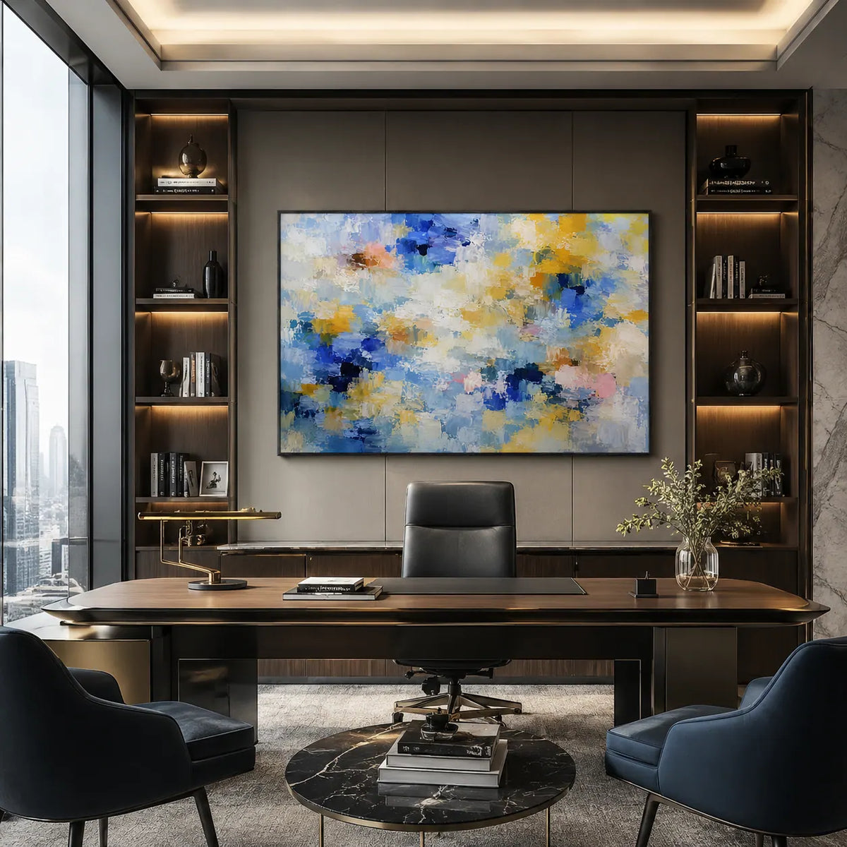 Blue Gold Cloud Abstract Wall Art room scene 6 | Olyrel
