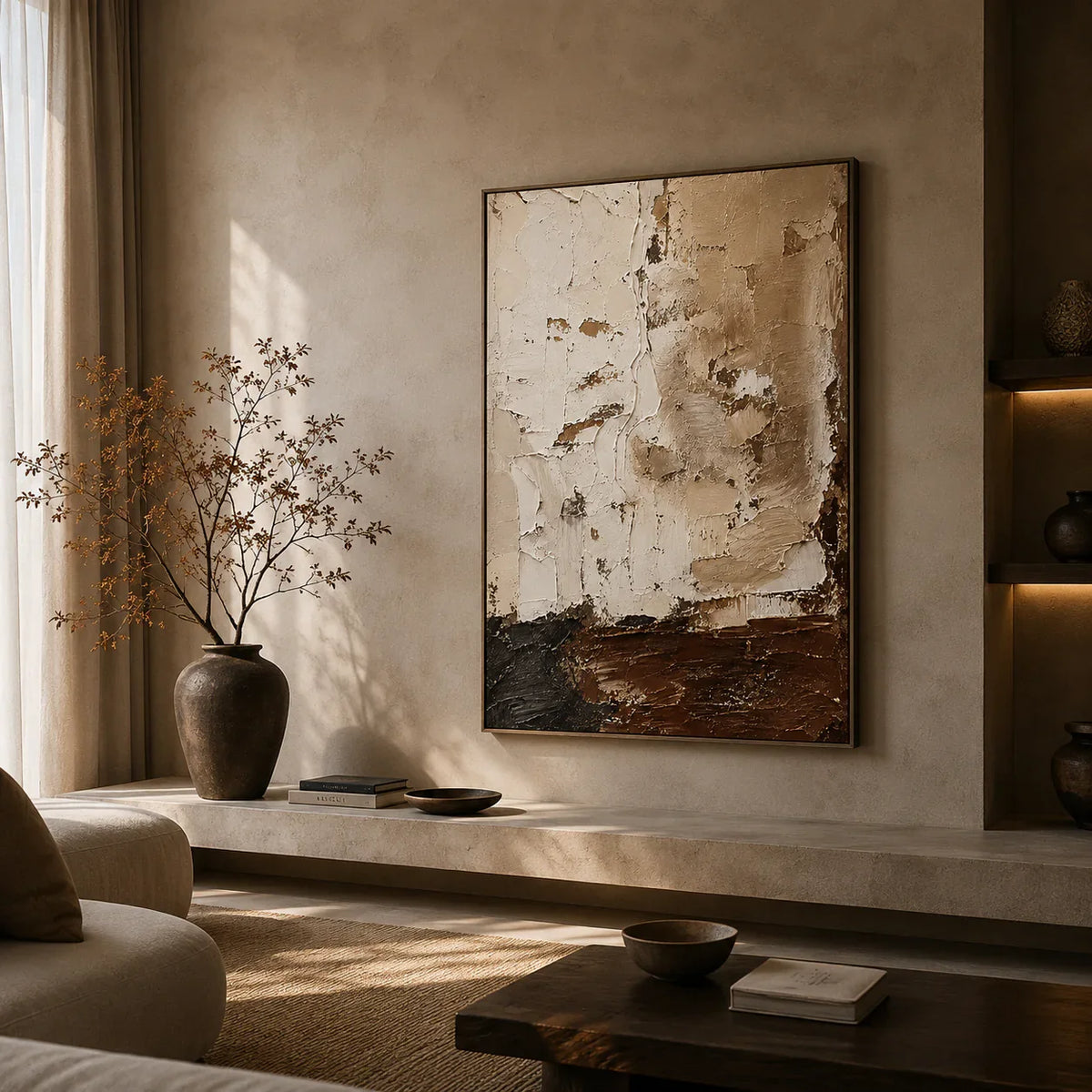 Earthen Divide Abstract Wall Art styled in a living room | Olyrel