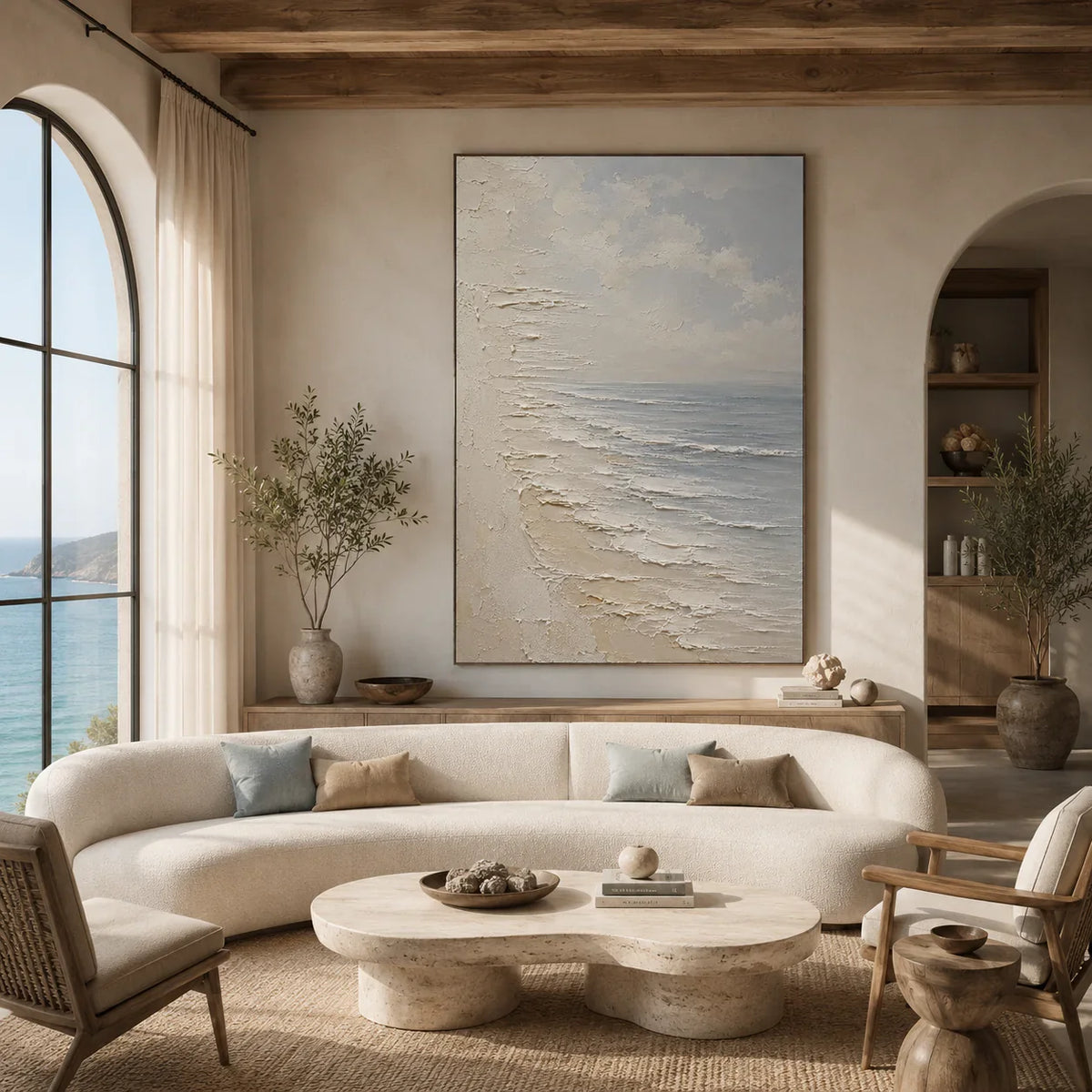 Quiet Shore Seascape Wall Art styled in a living room | Olyrel
