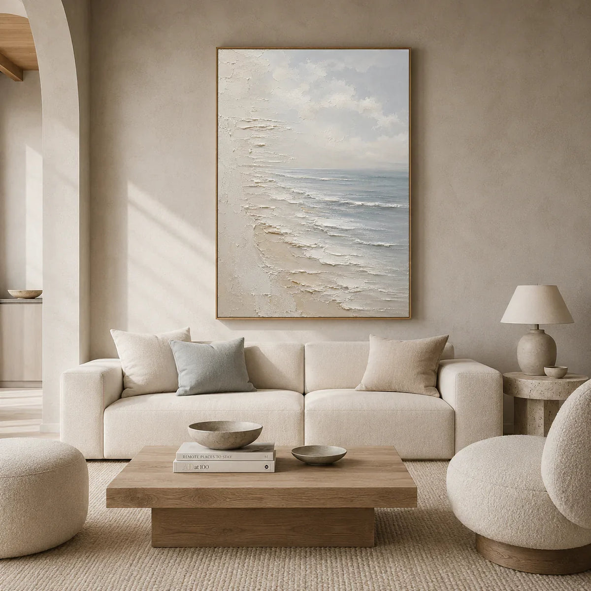 Quiet Shore Seascape Wall Art styled in a living room | Olyrel