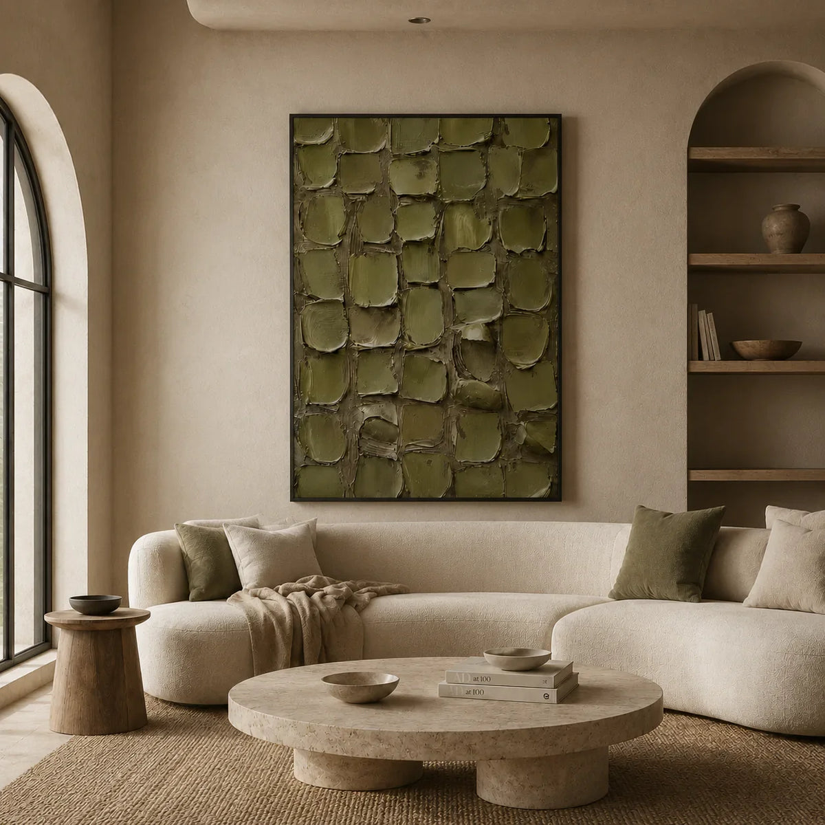 Olive Tile Textured Wall Art styled in a living room | Olyrel