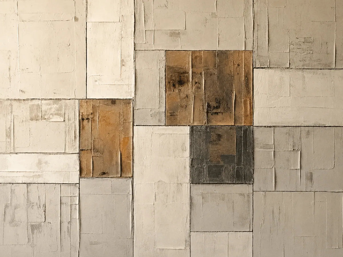 Ochre Patchwork Abstract Wall Art artwork view | Olyrel