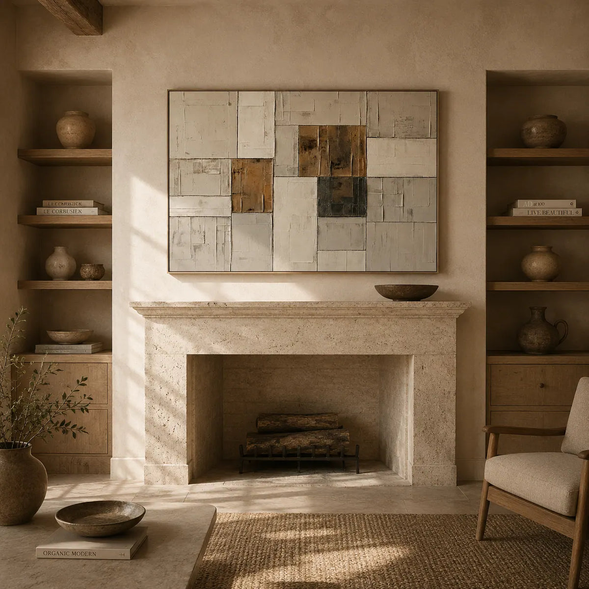 Ochre Patchwork Abstract Wall Art room scene 3 | Olyrel