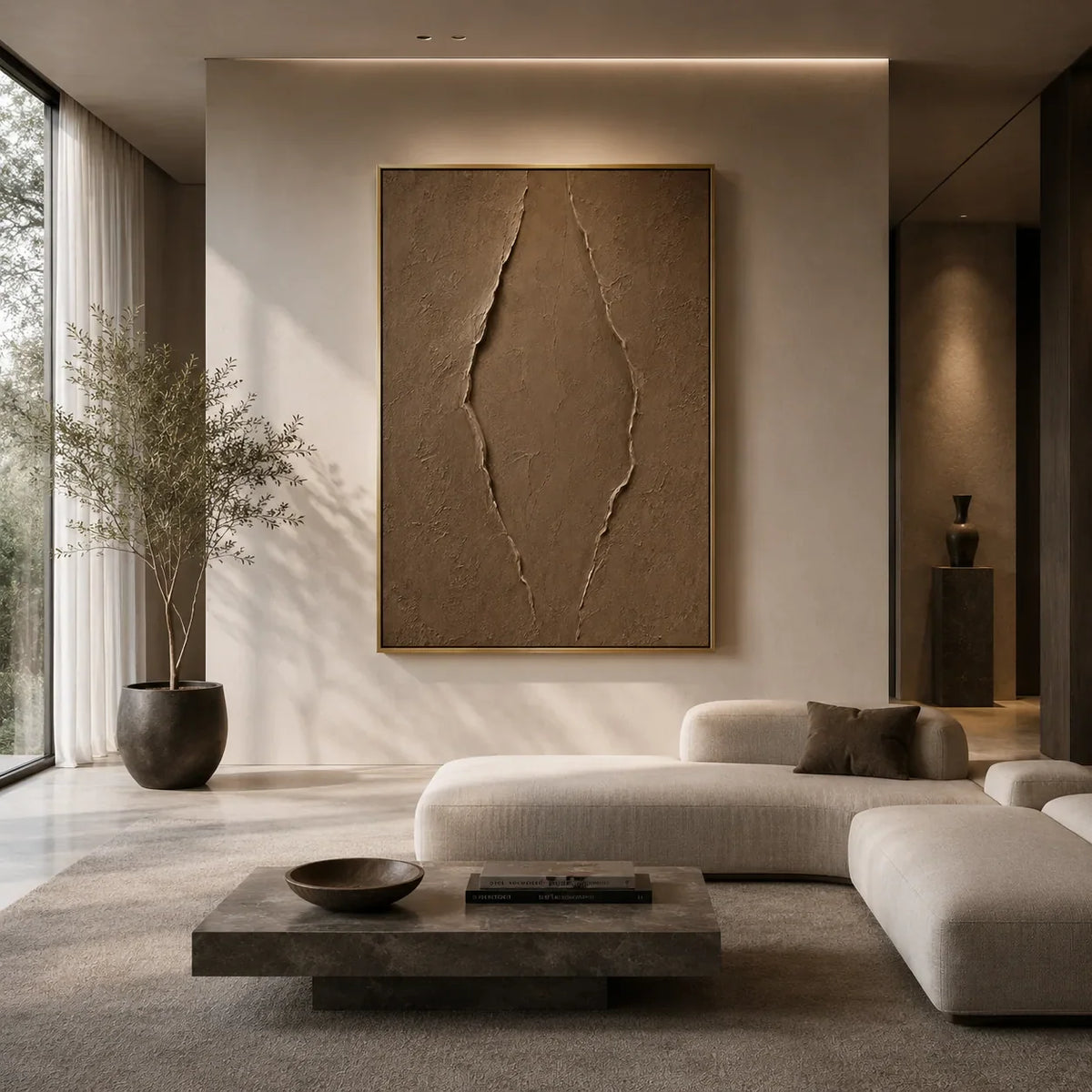 Clay Rift Textured Wall Art displayed above a sofa in a neutral interior | Olyrel