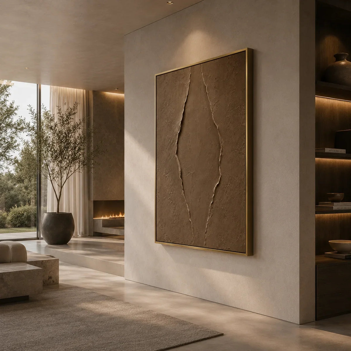 Clay Rift Textured Wall Art shown in a calm bedroom setting | Olyrel