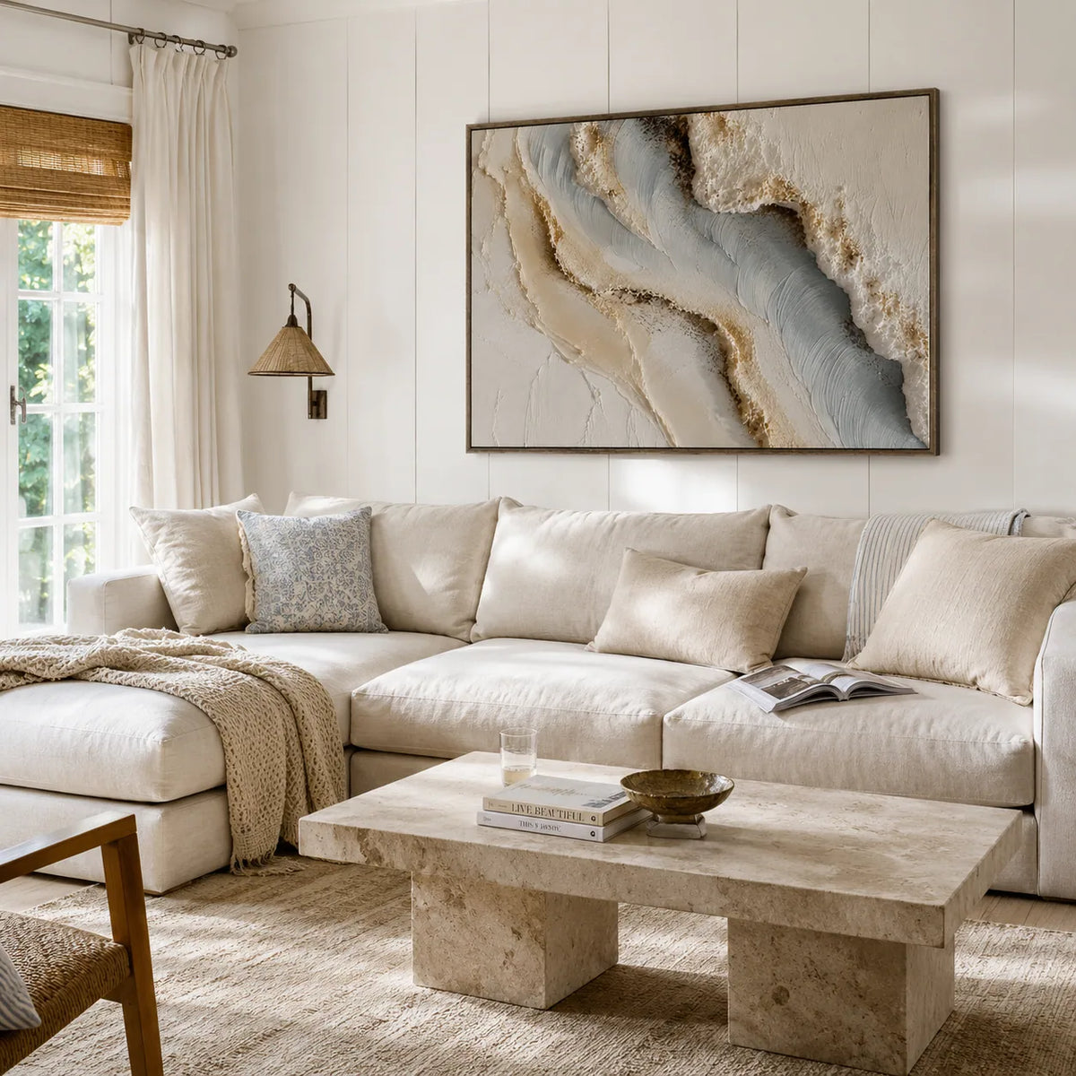 Blue Shore Textured Wall Art shown in a calm bedroom setting | Olyrel