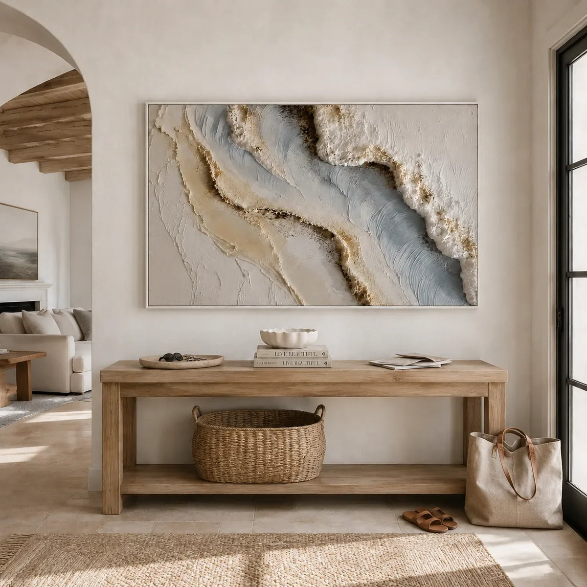 Blue Shore Textured Wall Art displayed in a bright dining room | Olyrel