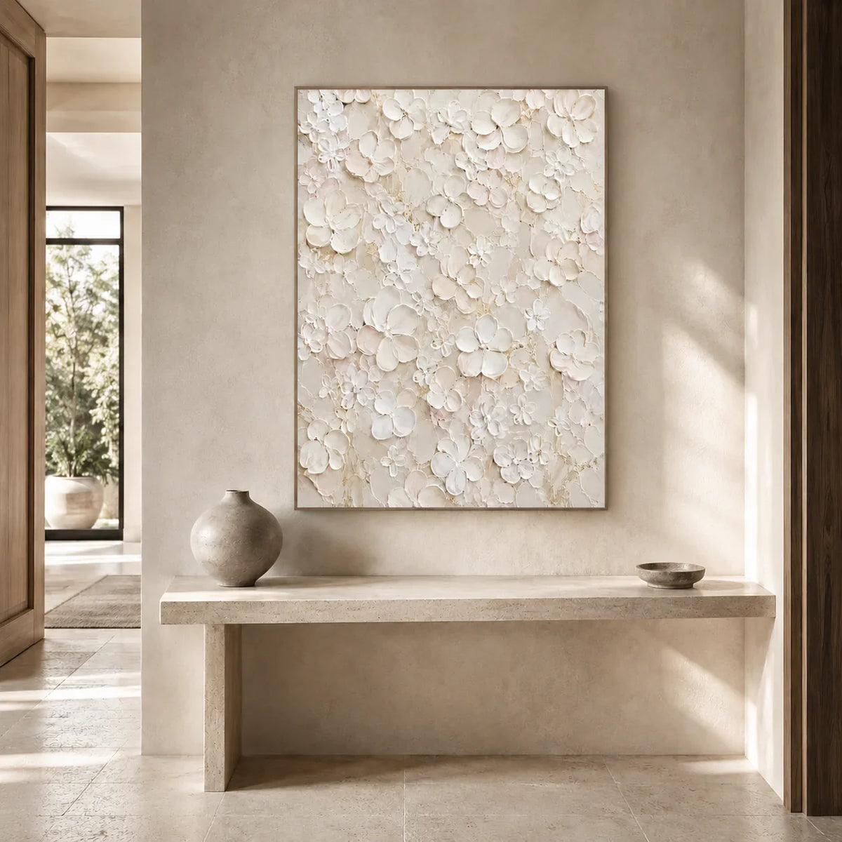 Ivory Garden Relief Wall Art styled in a entryway | Olyrel