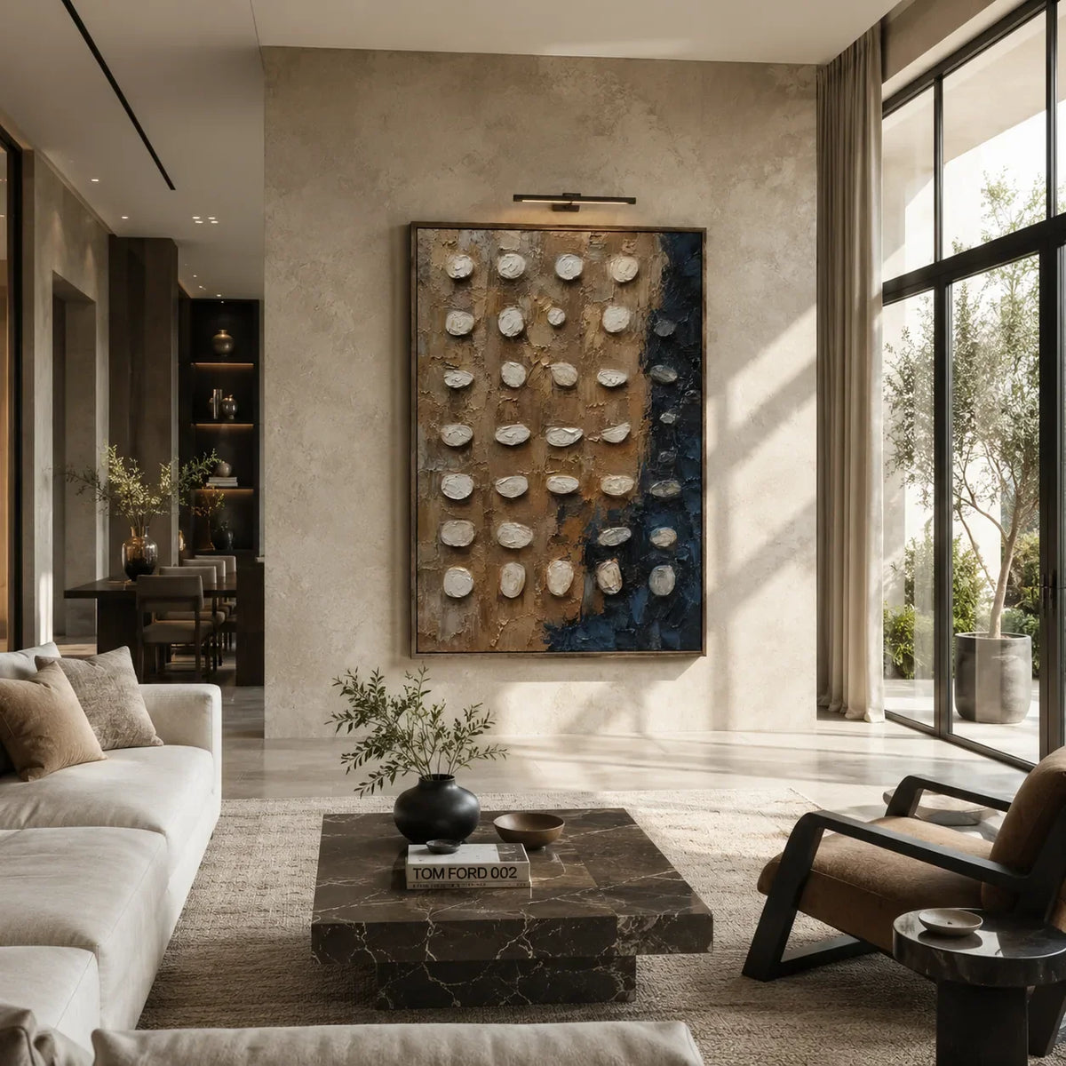 Pebble Grid Textured Wall Art styled in a modern living room | Olyrel