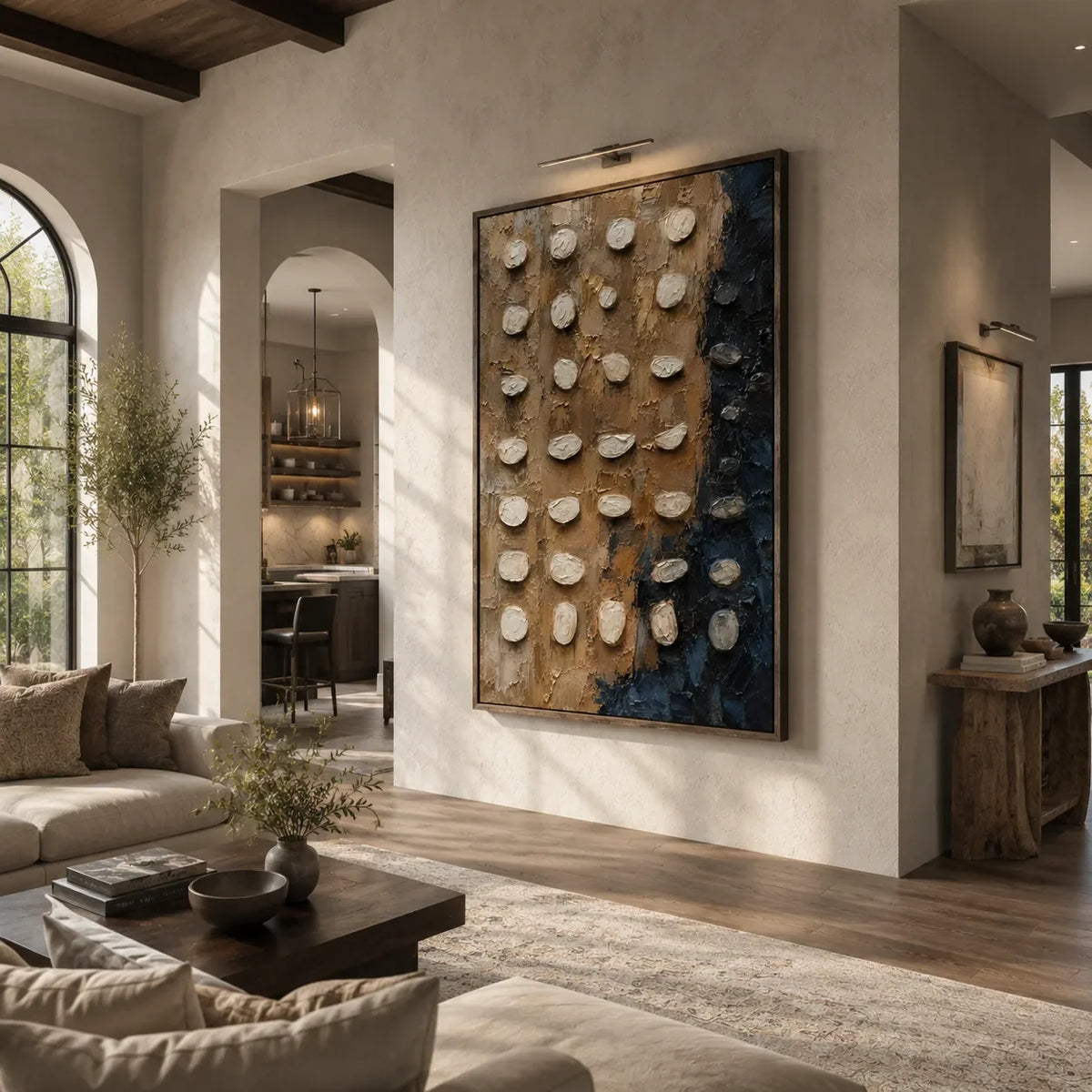 Pebble Grid Textured Wall Art displayed above a sofa in a neutral interior | Olyrel