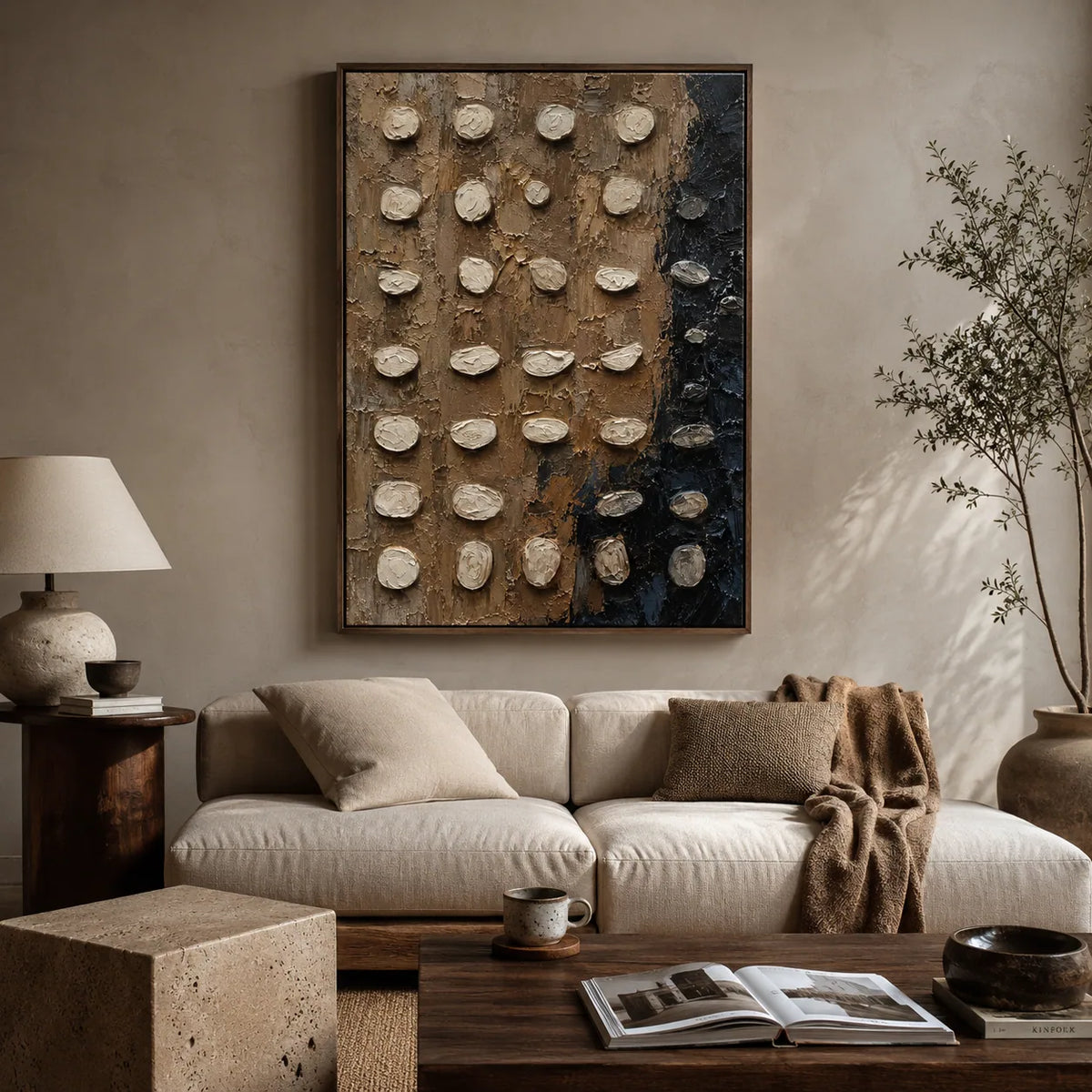 Pebble Grid Textured Wall Art styled in a modern living room | Olyrel