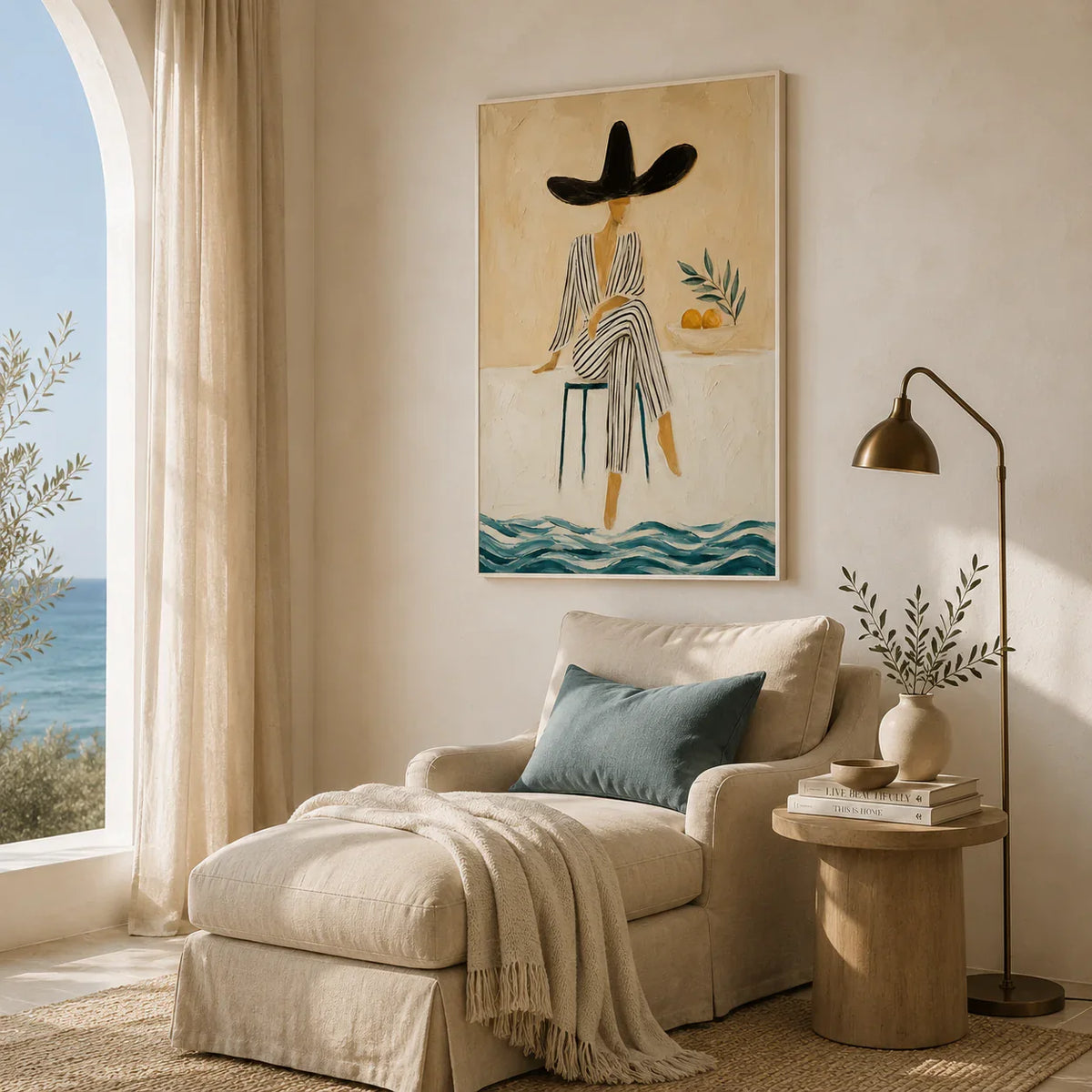 Citrus Muse Figure Wall Art styled in a reading corner | Olyrel