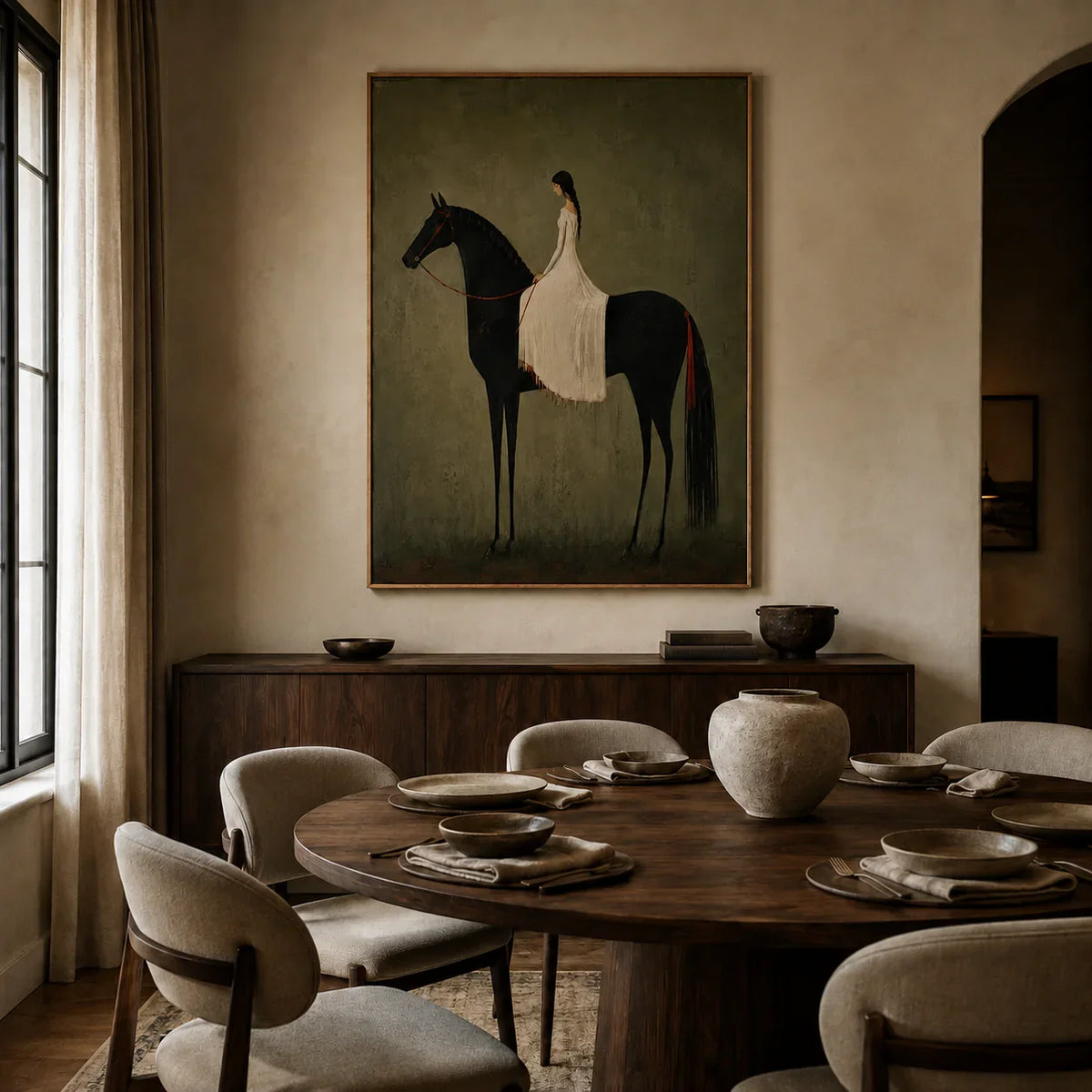 Rider in Olive Wall Art styled in a dining room | Olyrel