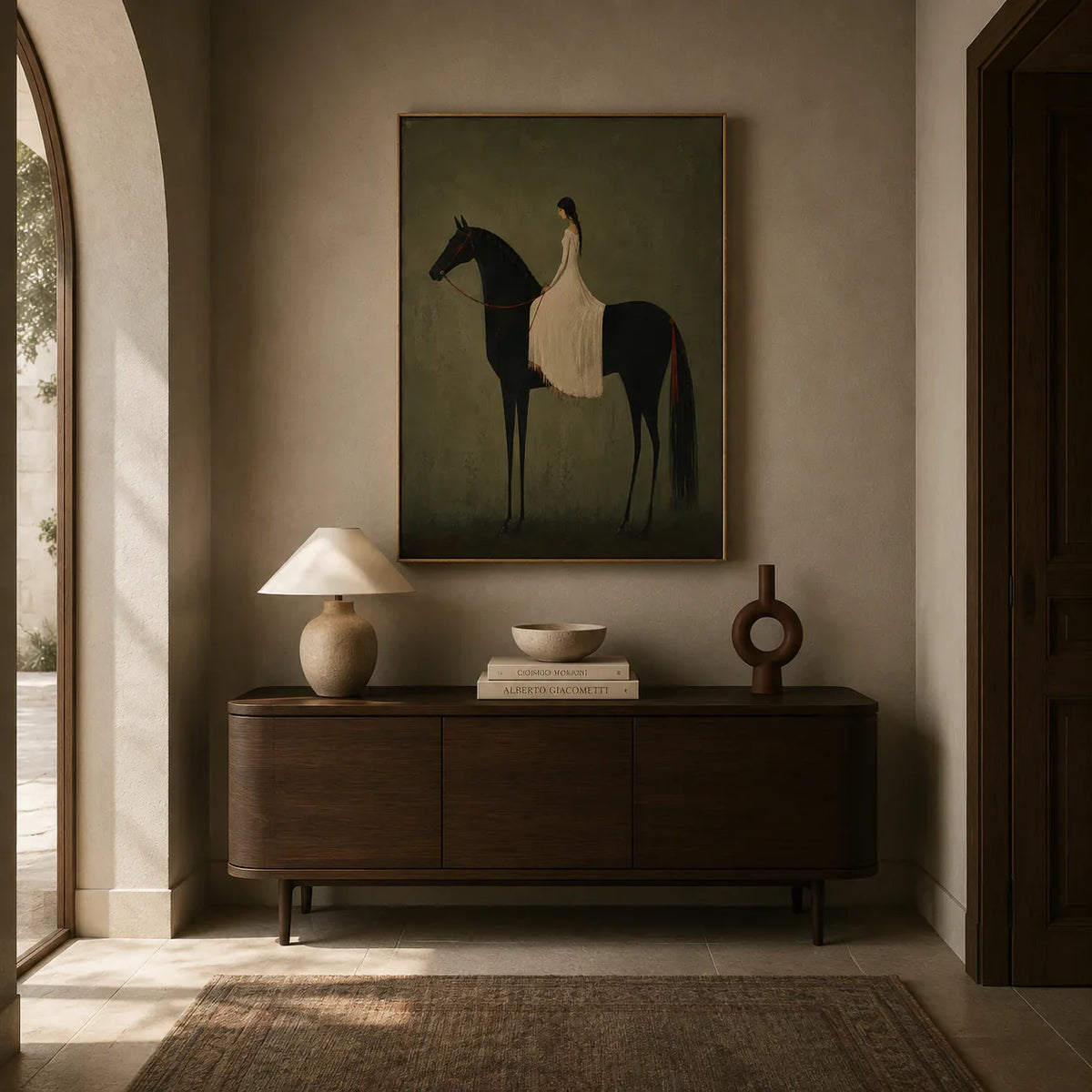Rider in Olive Wall Art styled in a entryway | Olyrel