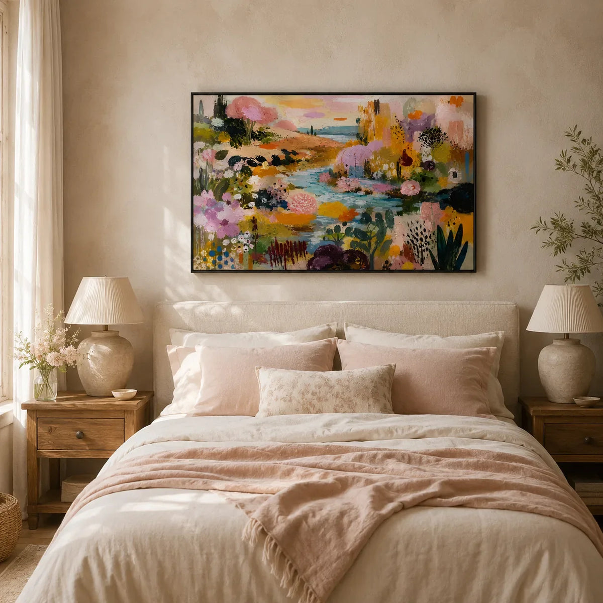 Blush Garden Stream Wall Art styled interior scene 3 | Olyrel