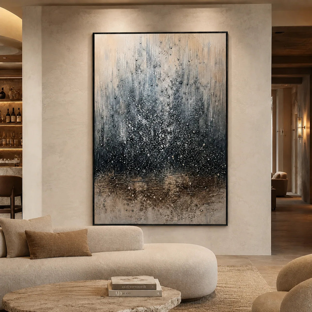 Blue Mist Abstract Wall Art styled in a modern living room | Olyrel