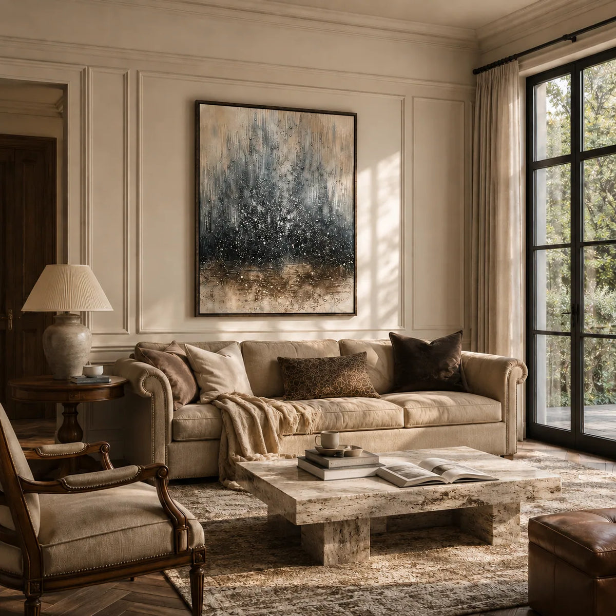 Blue Mist Abstract Wall Art shown in a calm bedroom setting | Olyrel
