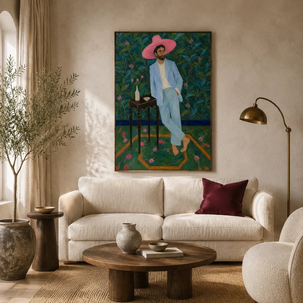 Pink Hat Gentleman Wall Art styled interior scene 1 | Olyrel