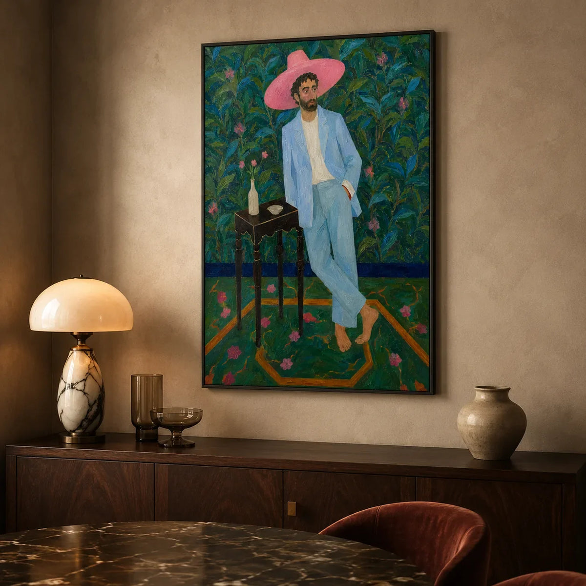Pink Hat Gentleman Wall Art styled interior scene 4 | Olyrel