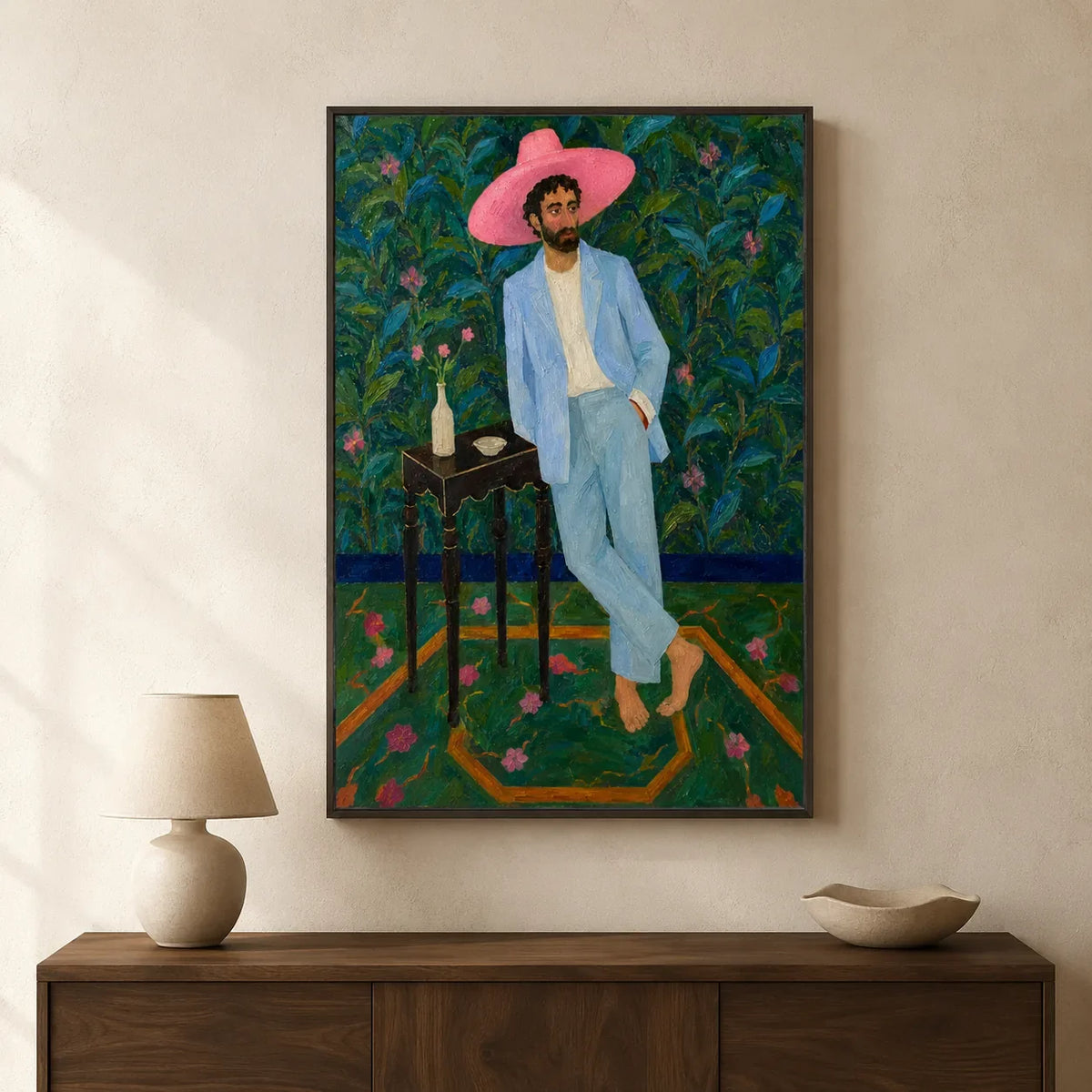Pink Hat Gentleman Wall Art styled interior scene 5 | Olyrel