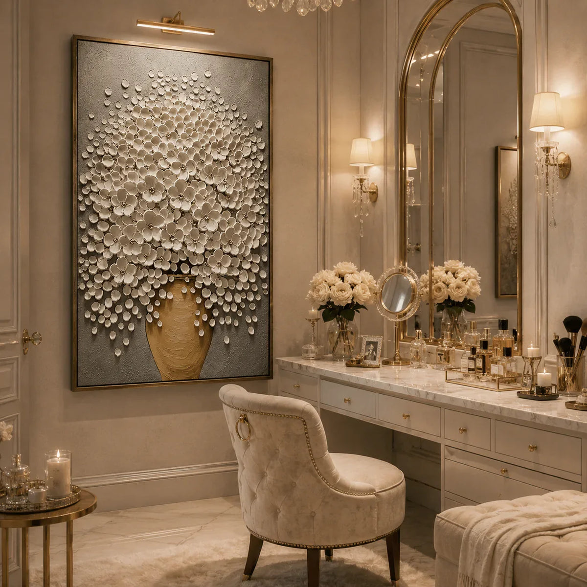 White Blossom Floral Wall Art styled in a dressing room | Olyrel