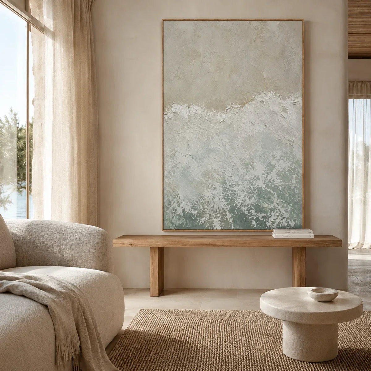 Seafoam Break Textured Wall Art styled interior scene 2 | Olyrel
