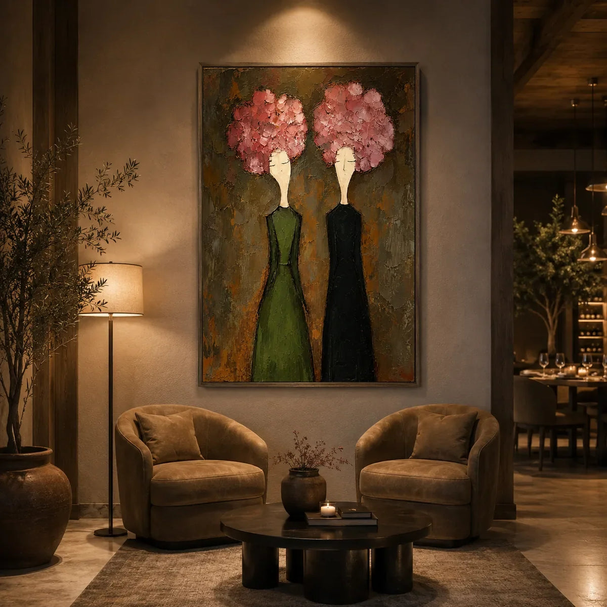 Pink Bloom Figure Wall Art displayed above a sofa in a neutral interior | Olyrel