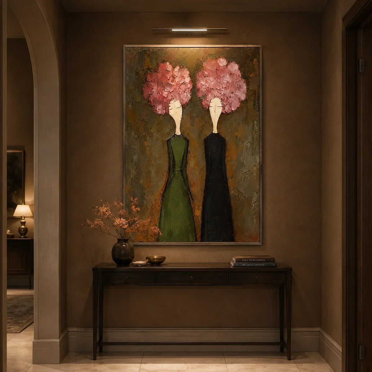 Pink Bloom Figure Wall Art shown in a calm bedroom setting | Olyrel