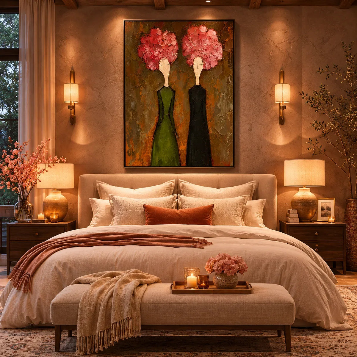 Pink Bloom Figure Wall Art shown in a calm bedroom setting | Olyrel