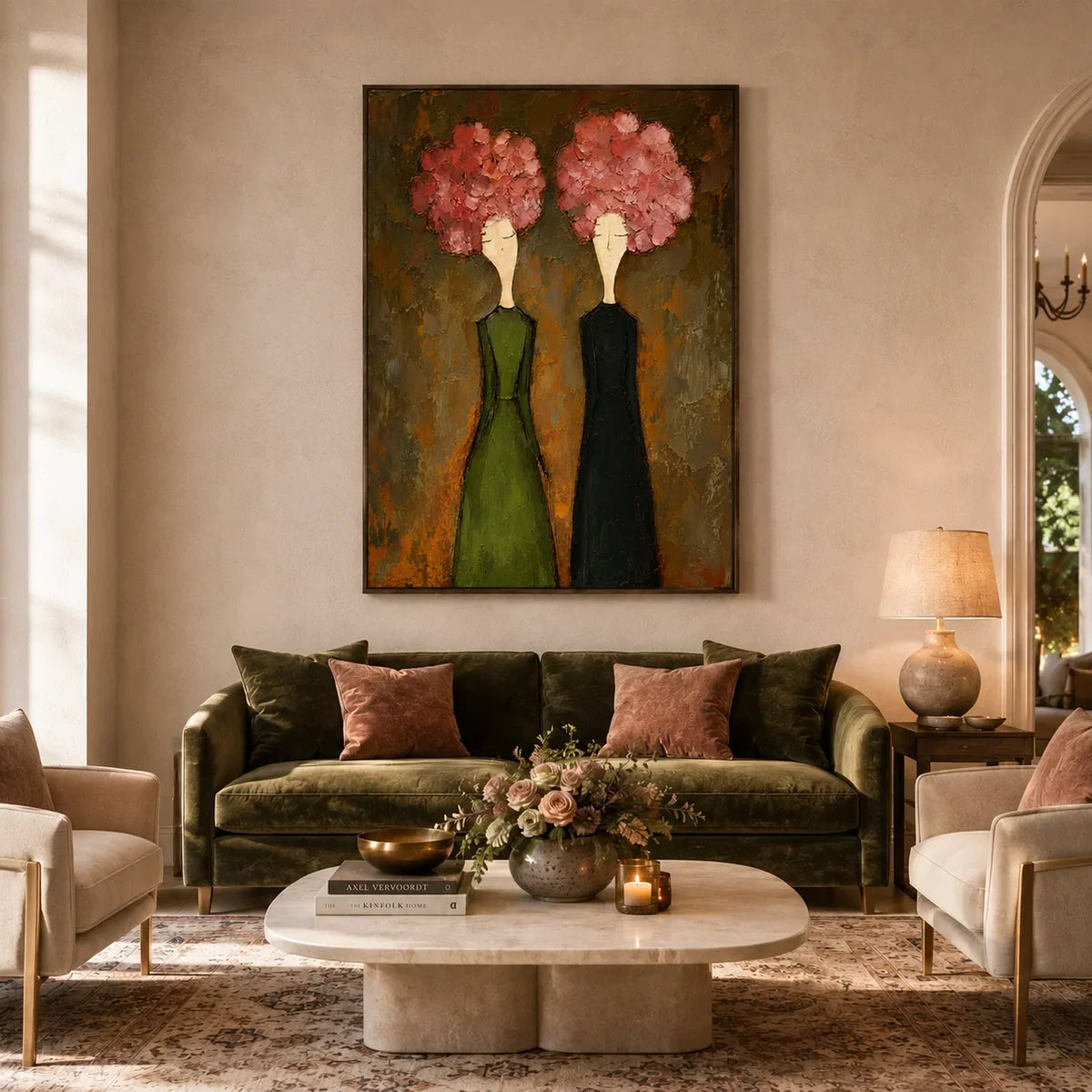 Pink Bloom Figure Wall Art displayed in a bright dining room | Olyrel