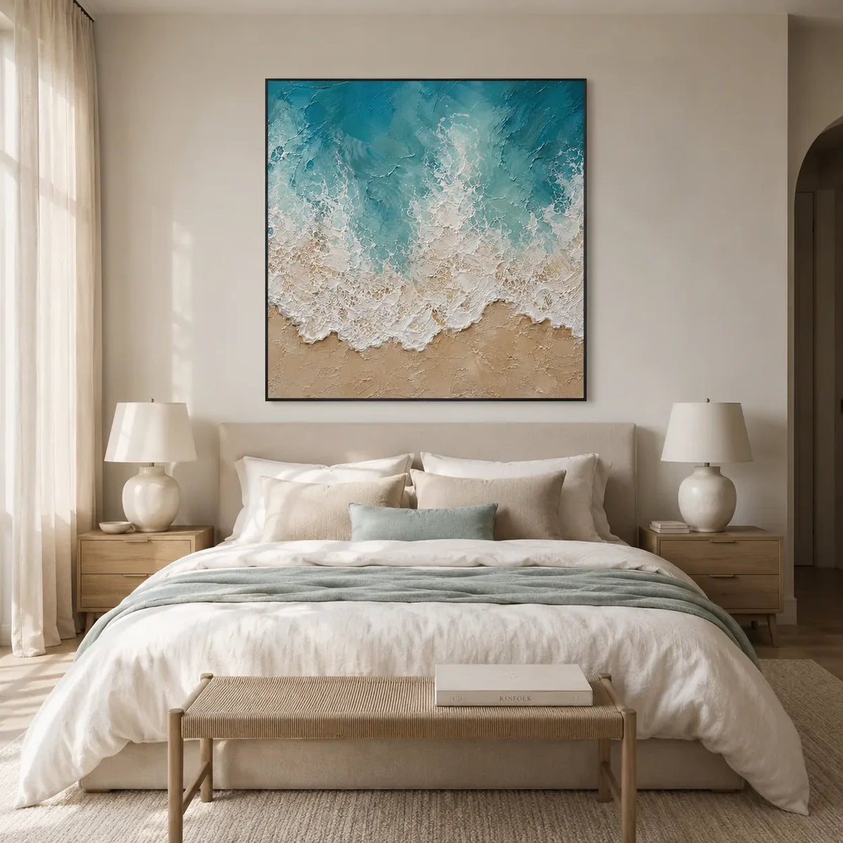 Seafoam Lace Textured Wall Art styled interior scene 2 | Olyrel